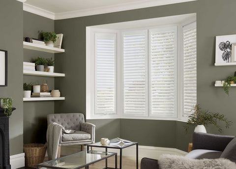 Bay Window fitted with white Perfect Fit Shutters in a modern living room.